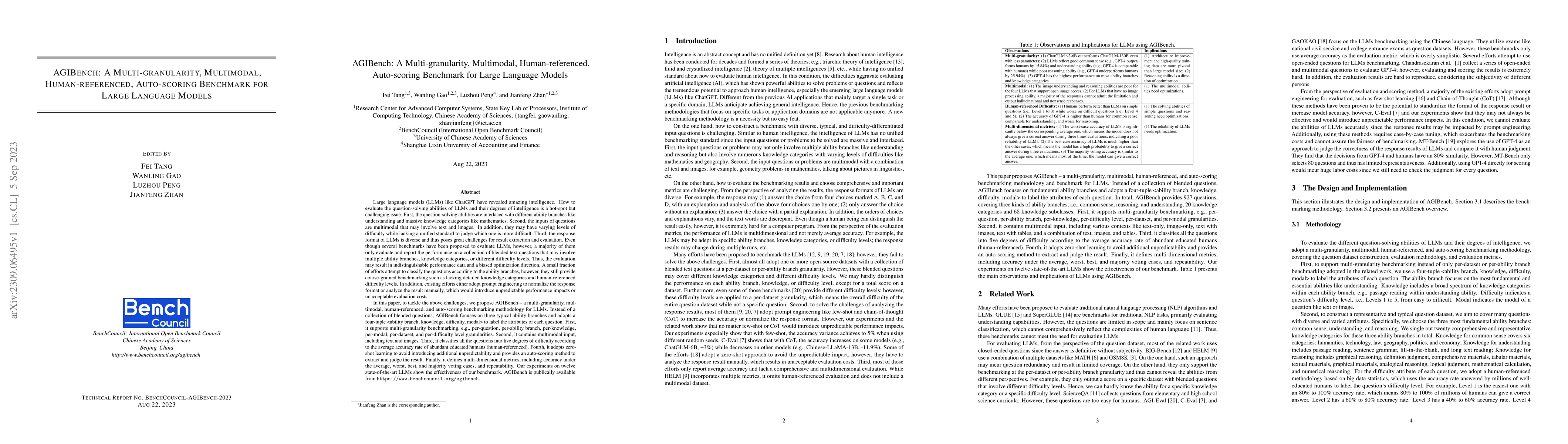 Thumbnail for AGIBench: A Multi-granularity, Multimodal, Human-referenced,
  Auto-scoring Benchmark for Large Language Models