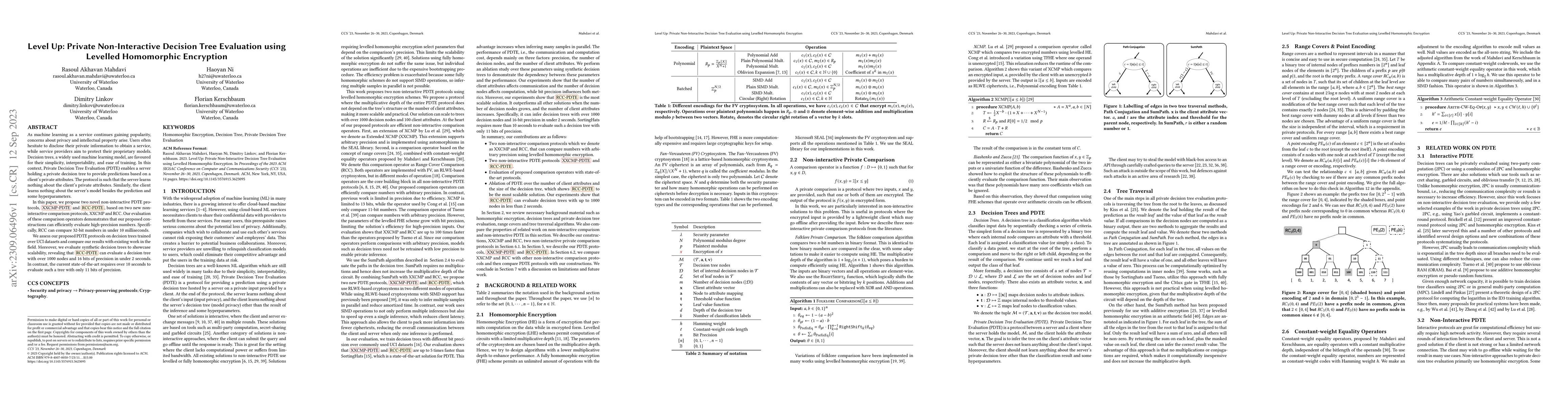 Thumbnail for Level Up: Private Non-Interactive Decision Tree Evaluation using
  Levelled Homomorphic Encryption