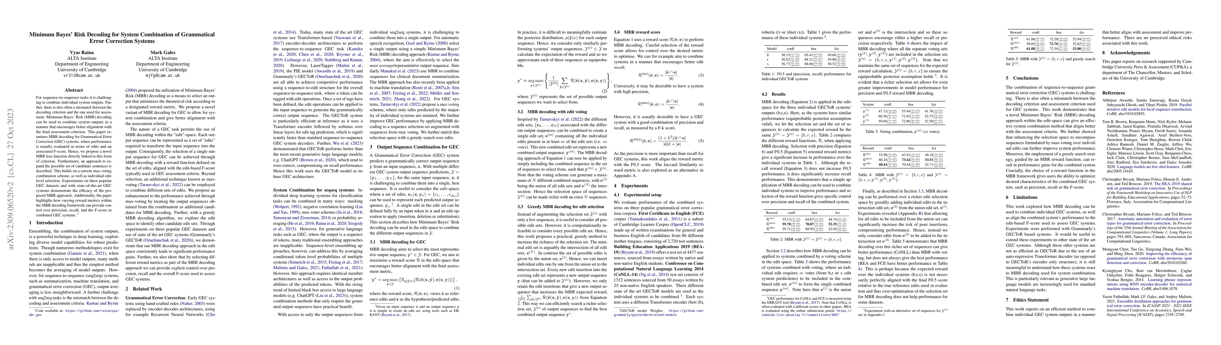 Thumbnail for Minimum Bayes' Risk Decoding for System Combination of Grammatical Error
  Correction Systems