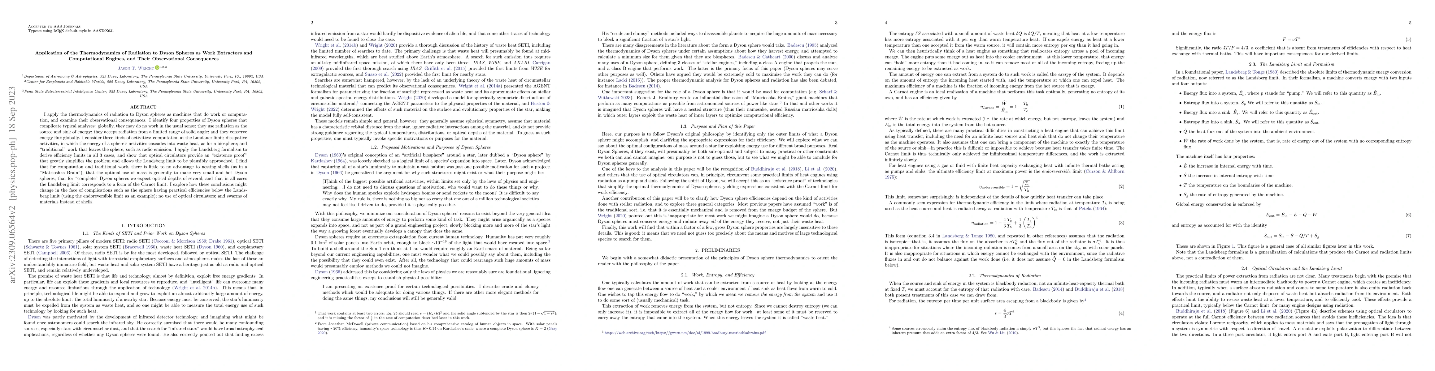 Thumbnail for Application of the Thermodynamics of Radiation to Dyson Spheres as Work
  Extractors and Computational Engines, and their Observational Consequences
