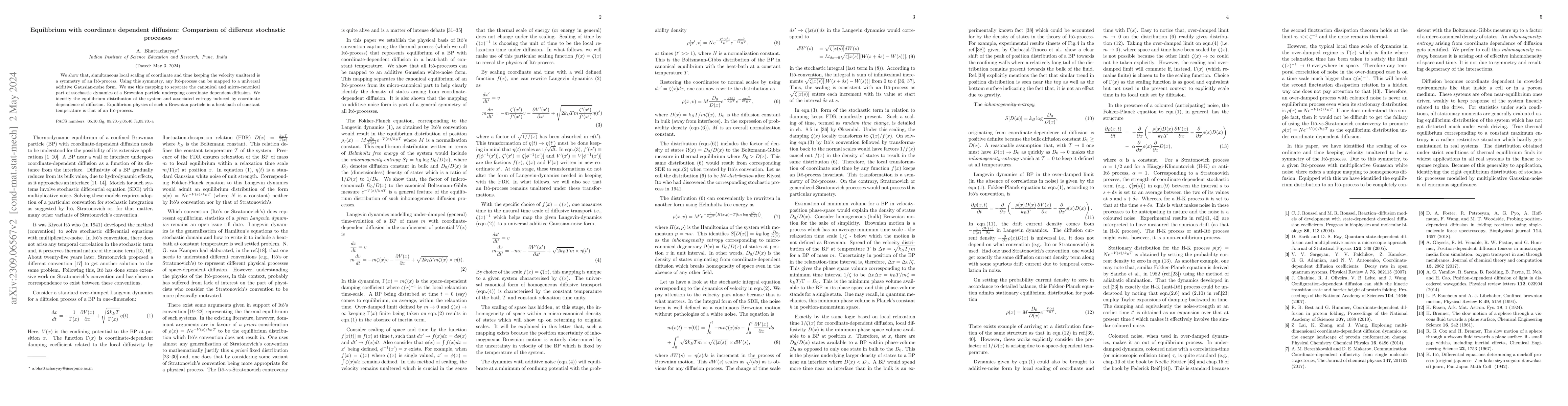 Thumbnail for Equilibrium with coordinate dependent diffusion: Comparison of different
  stochastic processes