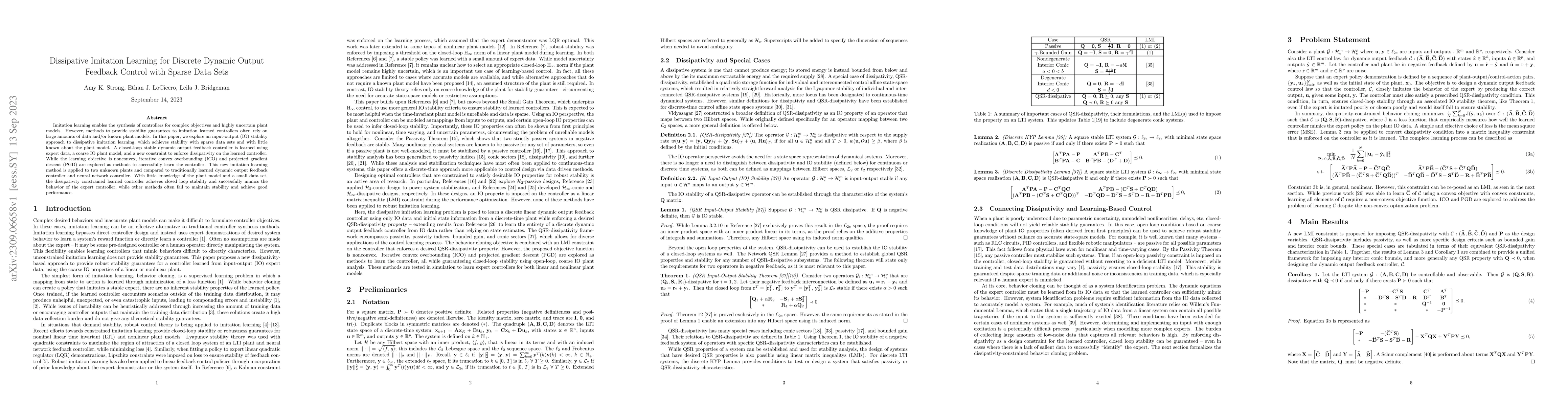 Thumbnail for Dissipative Imitation Learning for Discrete Dynamic Output Feedback
  Control with Sparse Data Sets