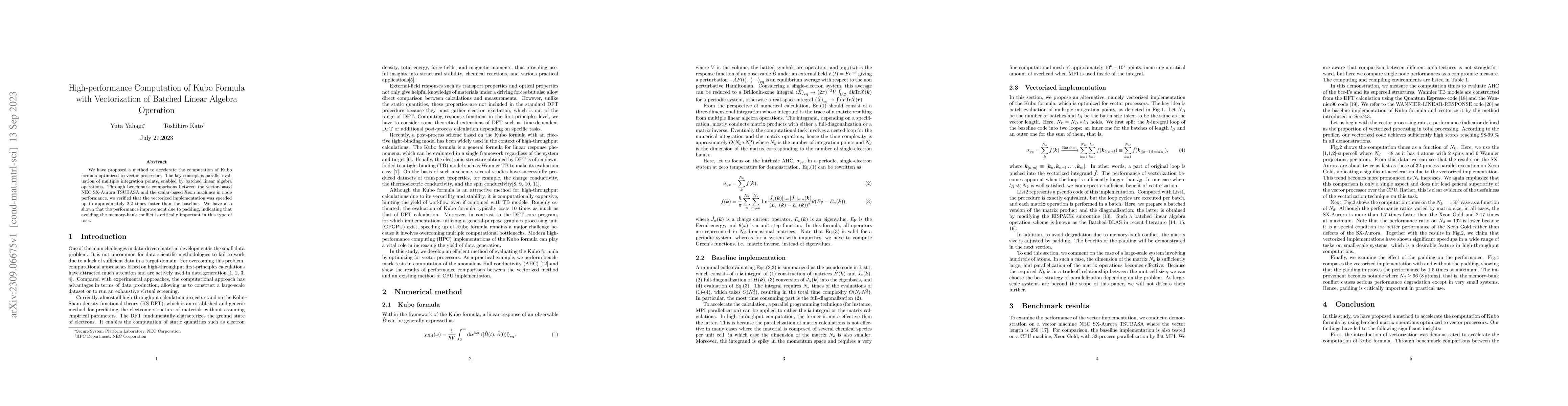Thumbnail for High-performance Computation of Kubo Formula with Vectorization of
  Batched Linear Algebra Operation