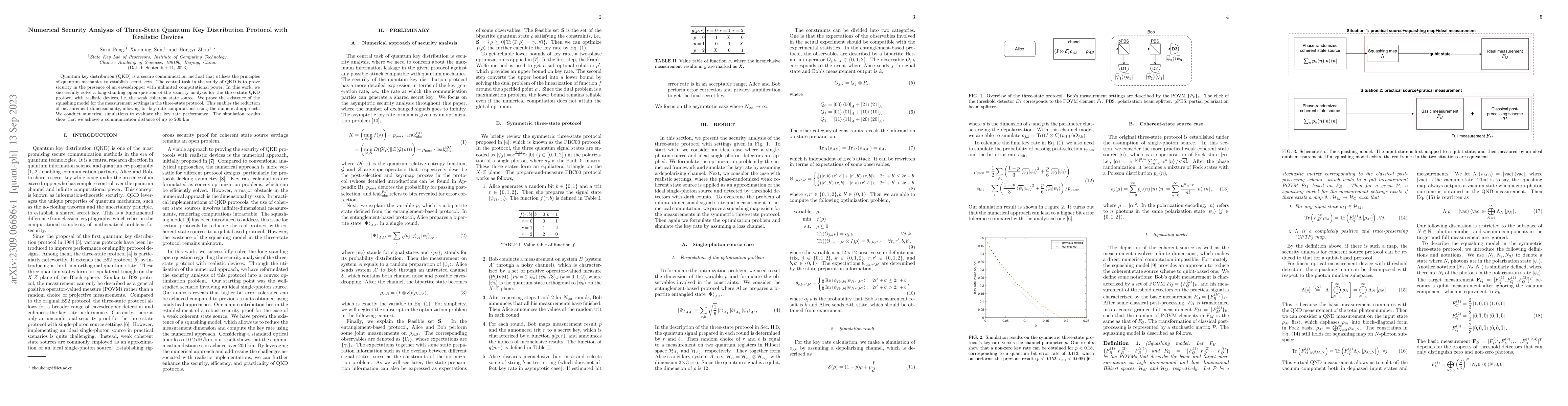 Thumbnail for Numerical Security Analysis of Three-State Quantum Key Distribution
  Protocol with Realistic Devices
