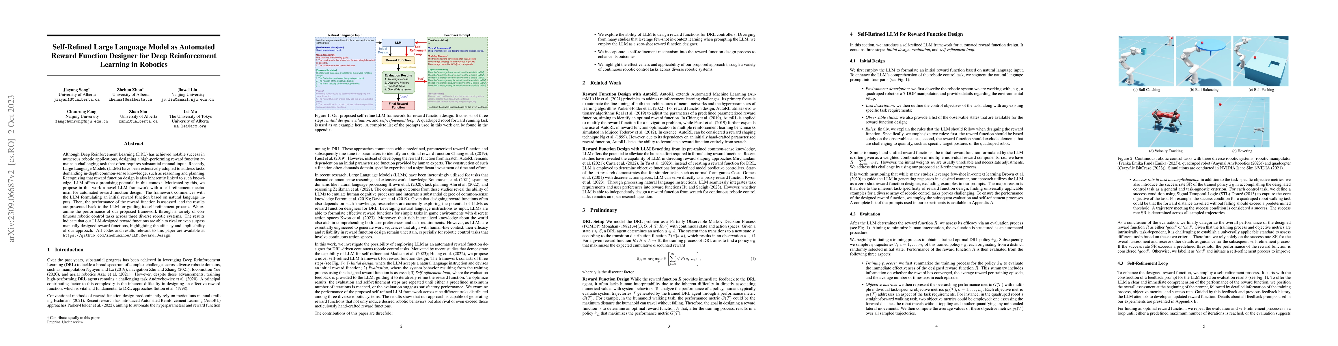 Thumbnail for Self-Refined Large Language Model as Automated Reward Function Designer
  for Deep Reinforcement Learning in Robotics