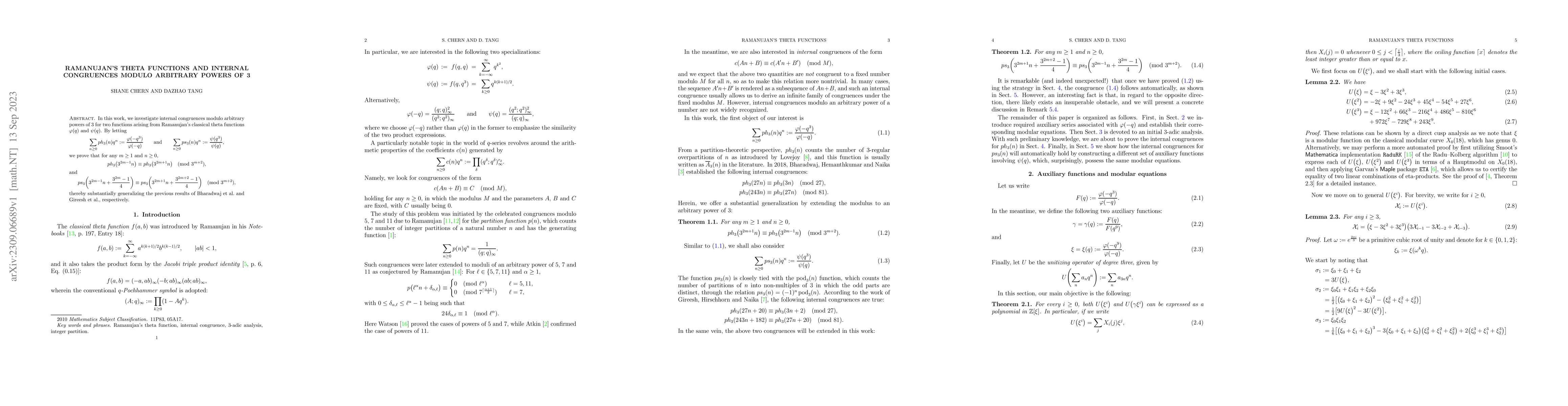 Thumbnail for Ramanujan's theta functions and internal congruences modulo arbitrary
  powers of $3$