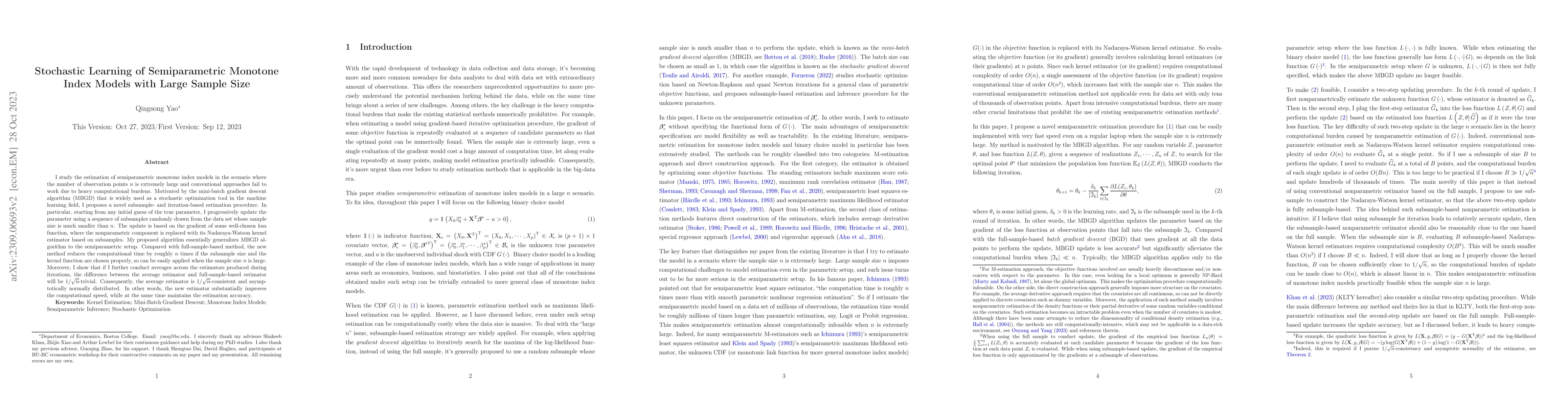Thumbnail for Stochastic Learning of Semiparametric Monotone Index Models with Large
  Sample Size