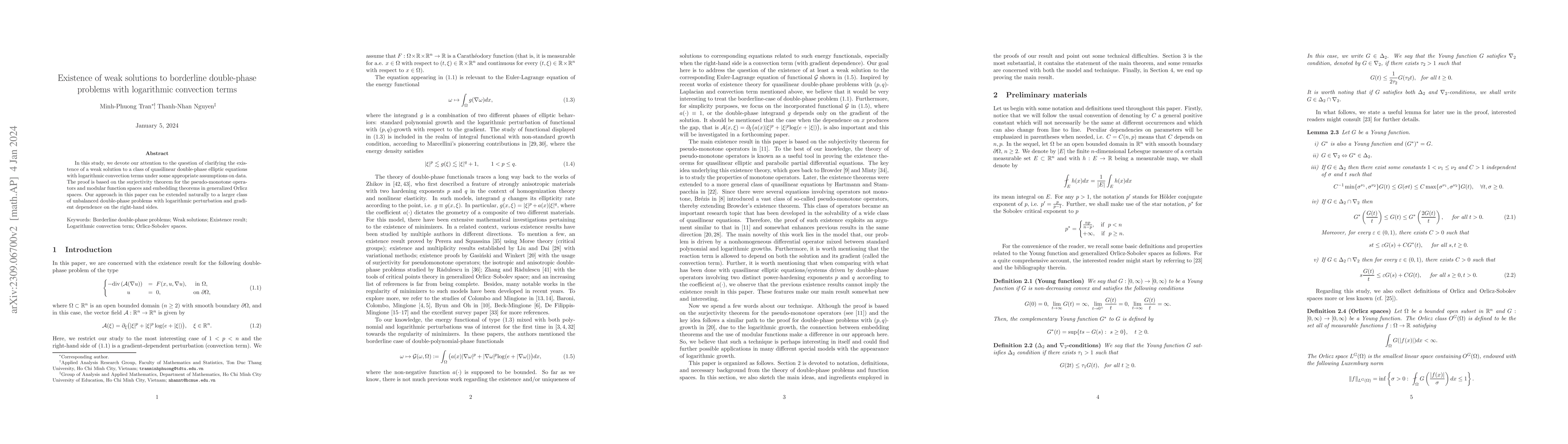 Thumbnail for Existence of weak solutions to borderline double-phase problems with
  logarithmic convection term