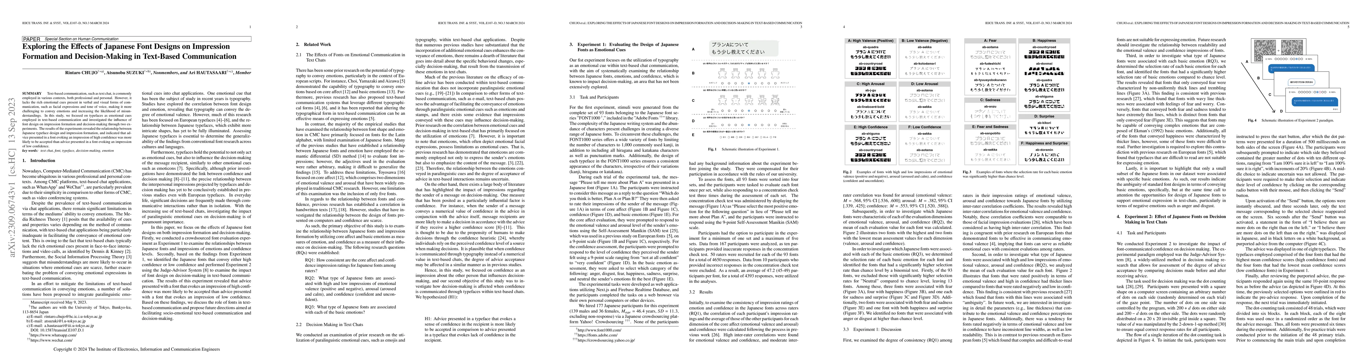 Thumbnail for Exploring the Effects of Japanese Font Designs on Impression Formation
  and Decision-Making in Text-Based Communication