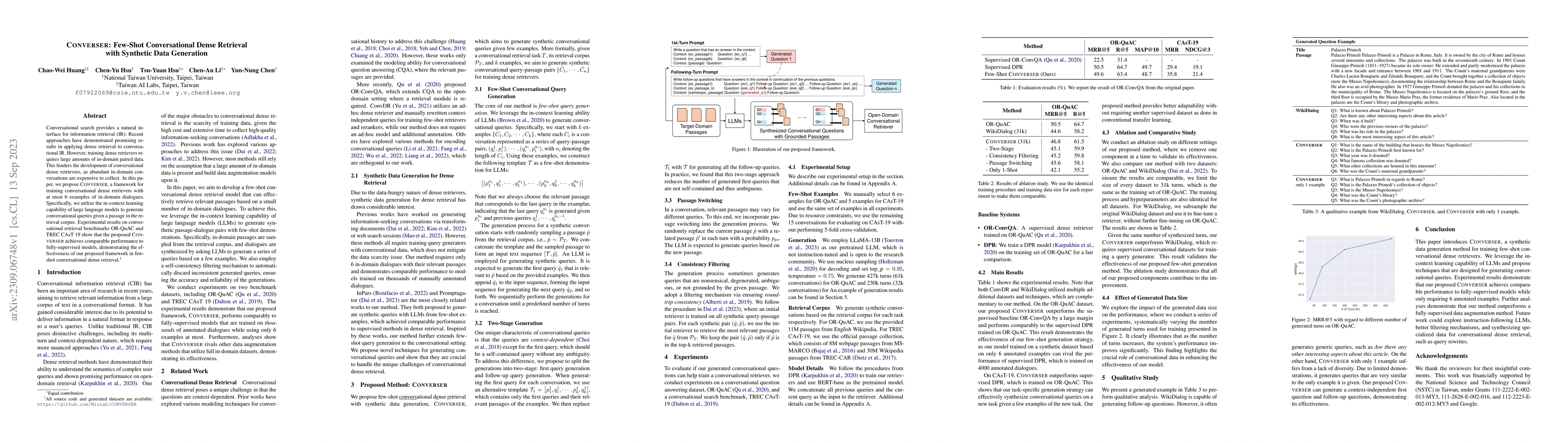 Thumbnail for CONVERSER: Few-Shot Conversational Dense Retrieval with Synthetic Data
  Generation
