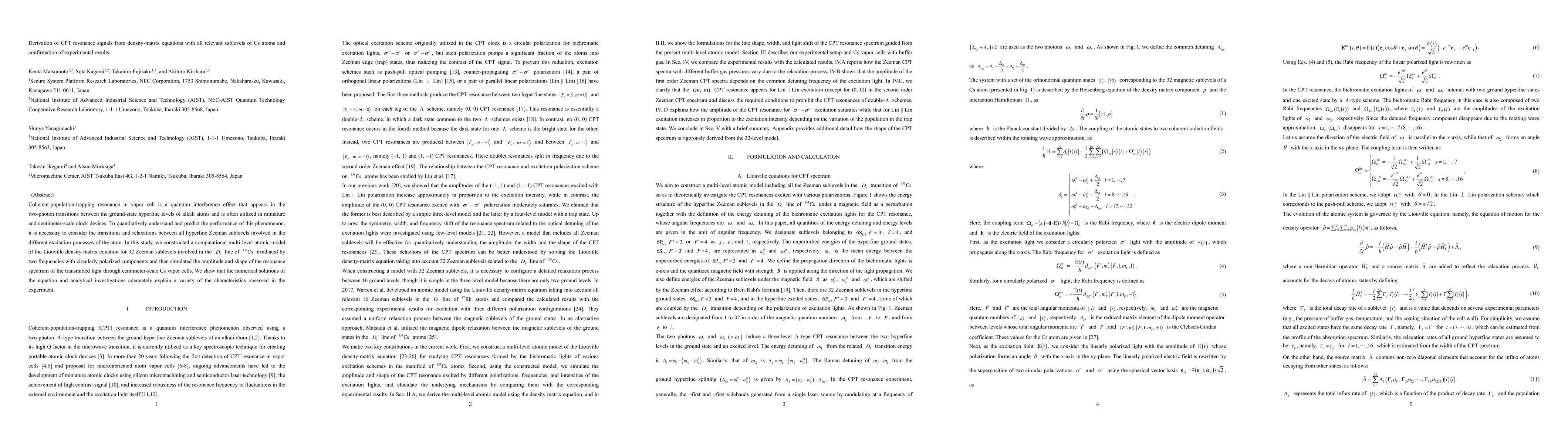 Thumbnail for Derivation of CPT resonance signals from density-matrix equations with
  all relevant sublevels of Cs atoms and confirmation of experimental results