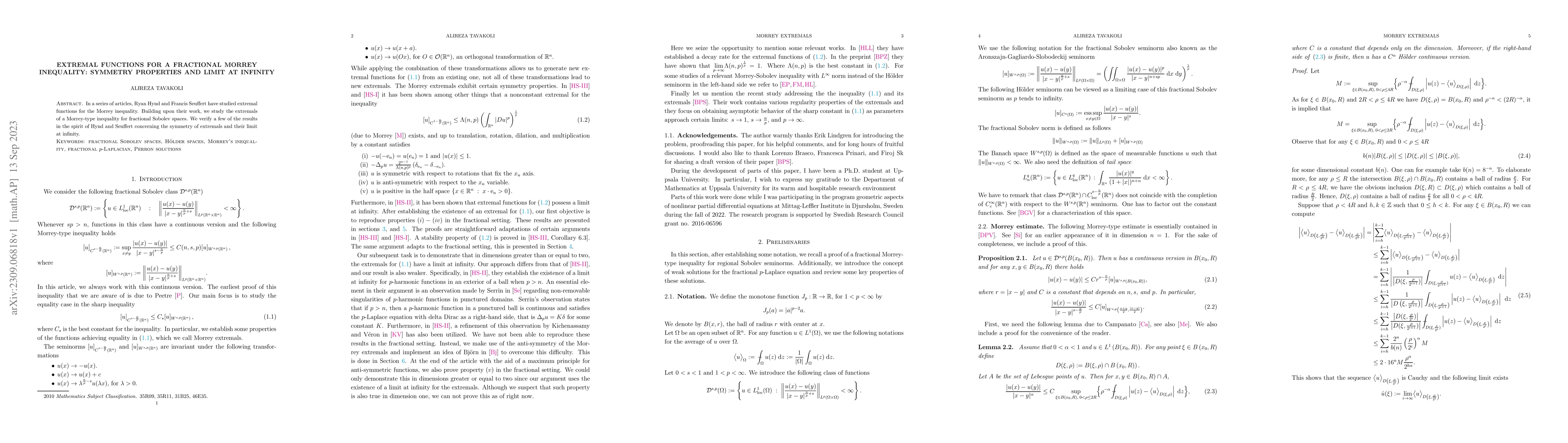 Thumbnail for Extremal functions for a fractional Morrey inequality: Symmetry
  properties and limit at infinity