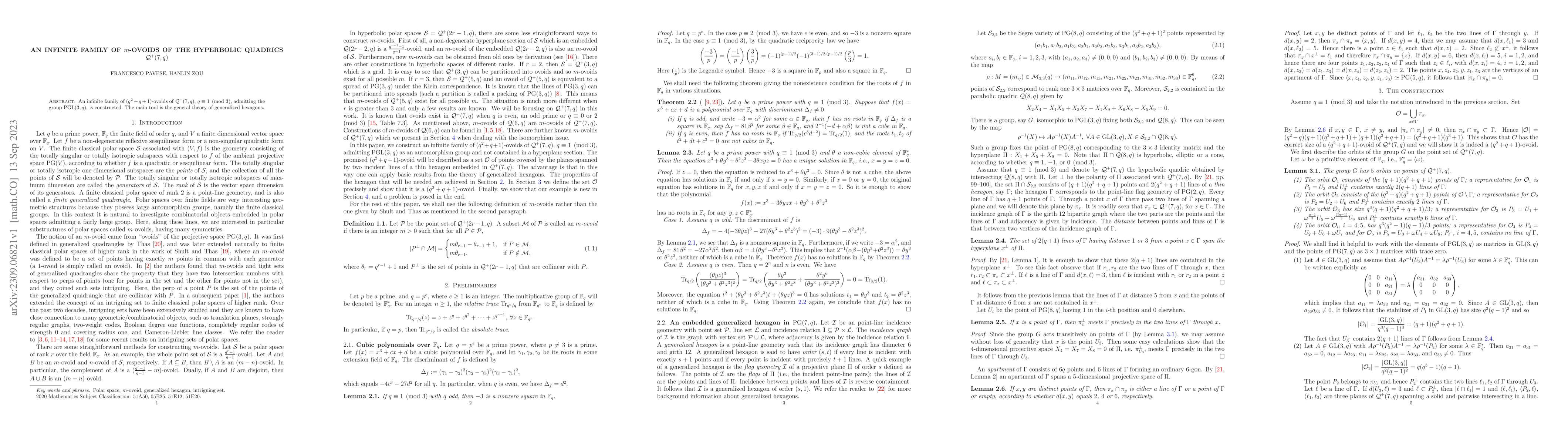 Thumbnail for An infinite family of $m$-ovoids of the hyperbolic quadrics
  $\mathcal{Q}^+(7,q)$