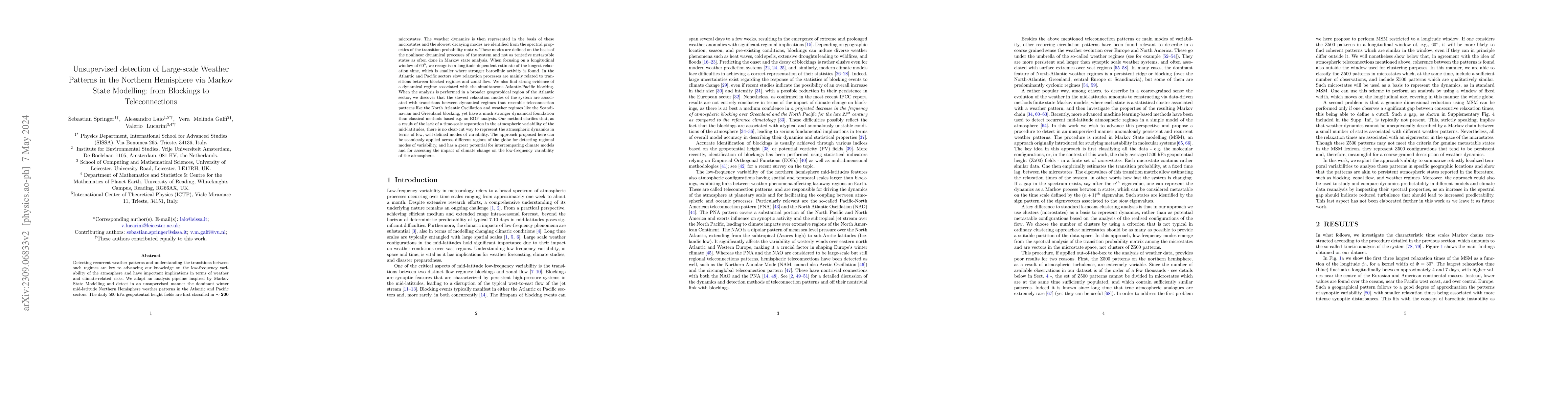 Thumbnail for Agnostic detection of large-scale weather patterns in the northern
  hemisphere: from blockings to teleconnections