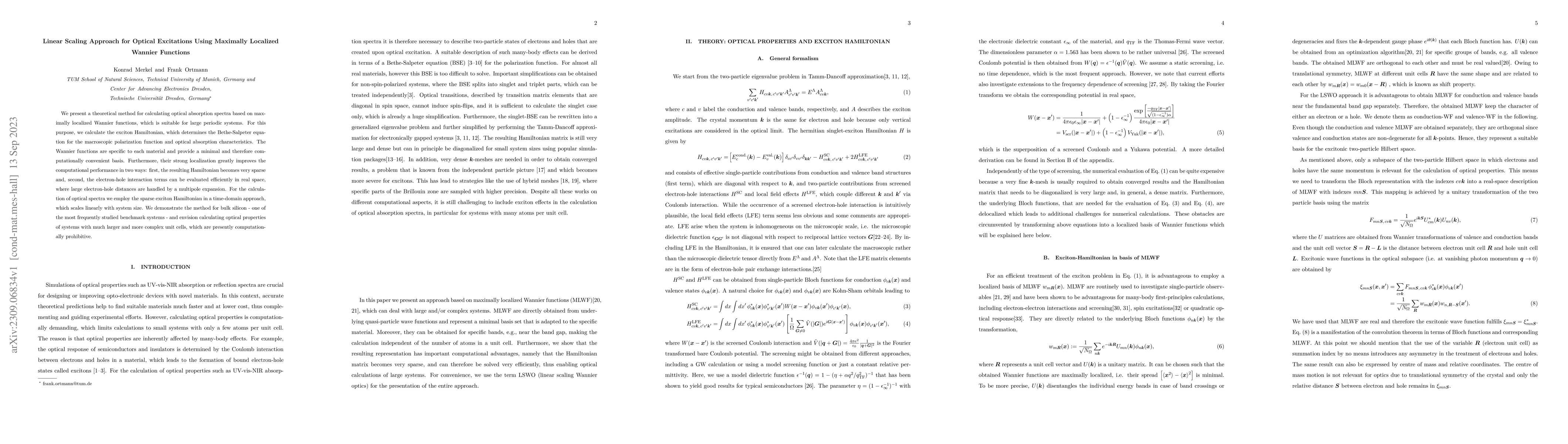 Thumbnail for Linear Scaling Approach for Optical Excitations Using Maximally
  Localized Wannier Functions