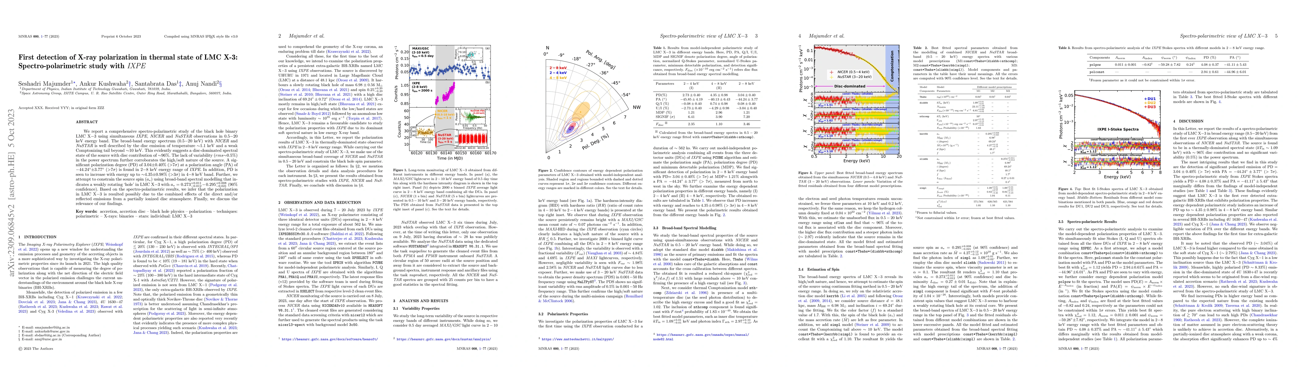 Thumbnail for First detection of X-ray polarization in thermal state of LMC X-3:
  Spectro-polarimetric study with IXPE
