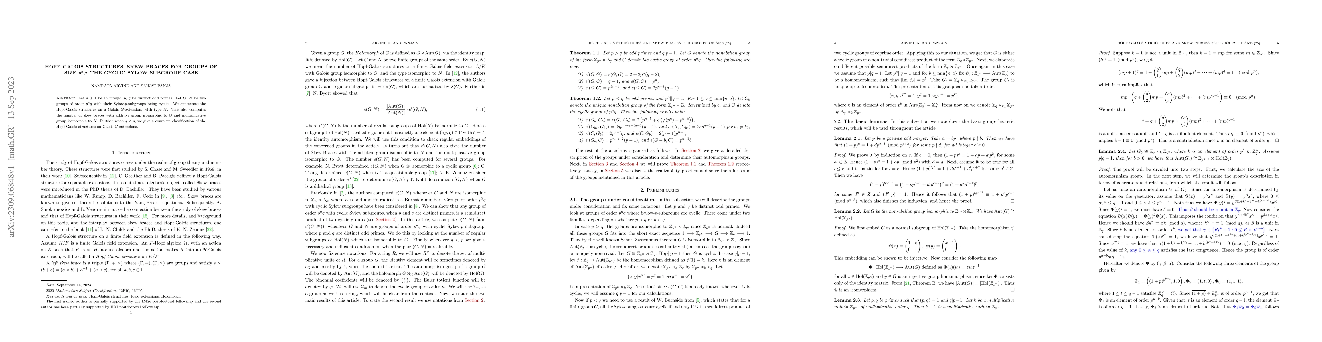 Thumbnail for Hopf Galois structures, skew braces for groups of size $p^nq$: The
  cyclic Sylow subgroup case