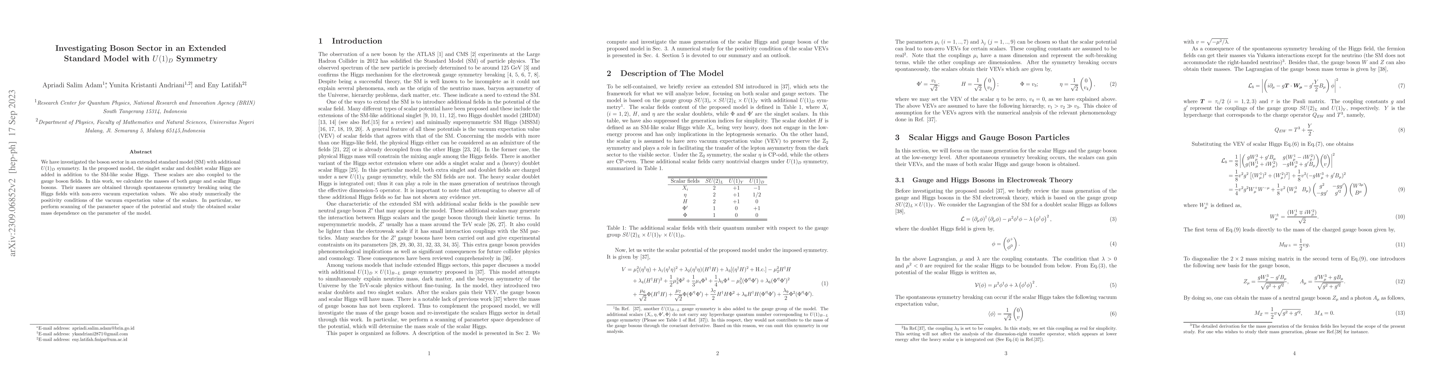 Thumbnail for Investigating Boson Sector in an Extended Standard Model with $U(1)_D$
  Symmetry