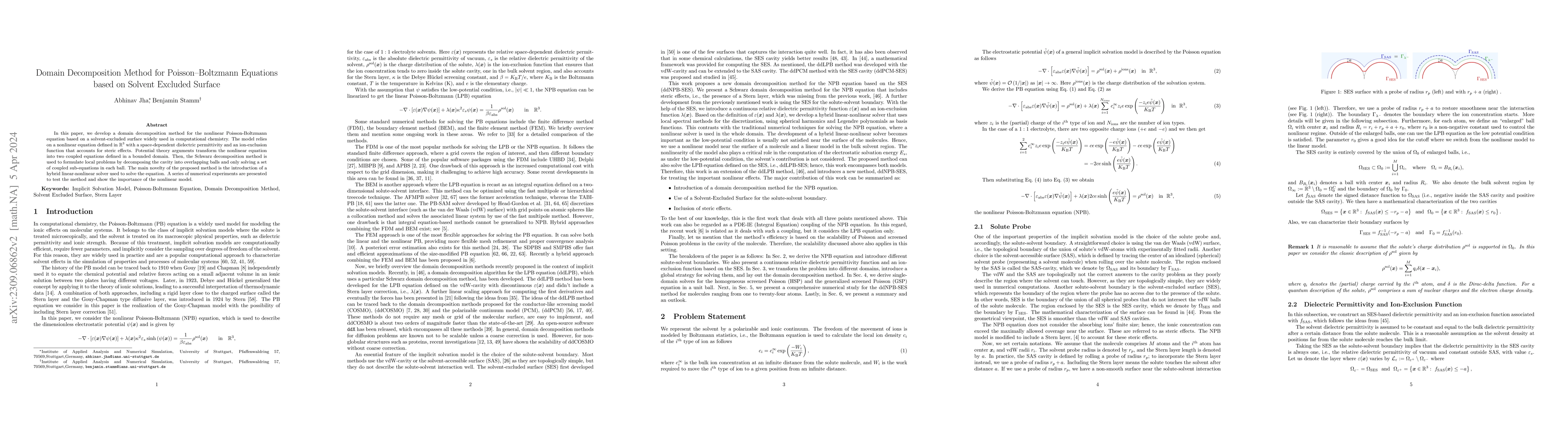 Thumbnail for Domain Decomposition Method for Poisson--Boltzmann Equations based on
  Solvent Excluded Surface