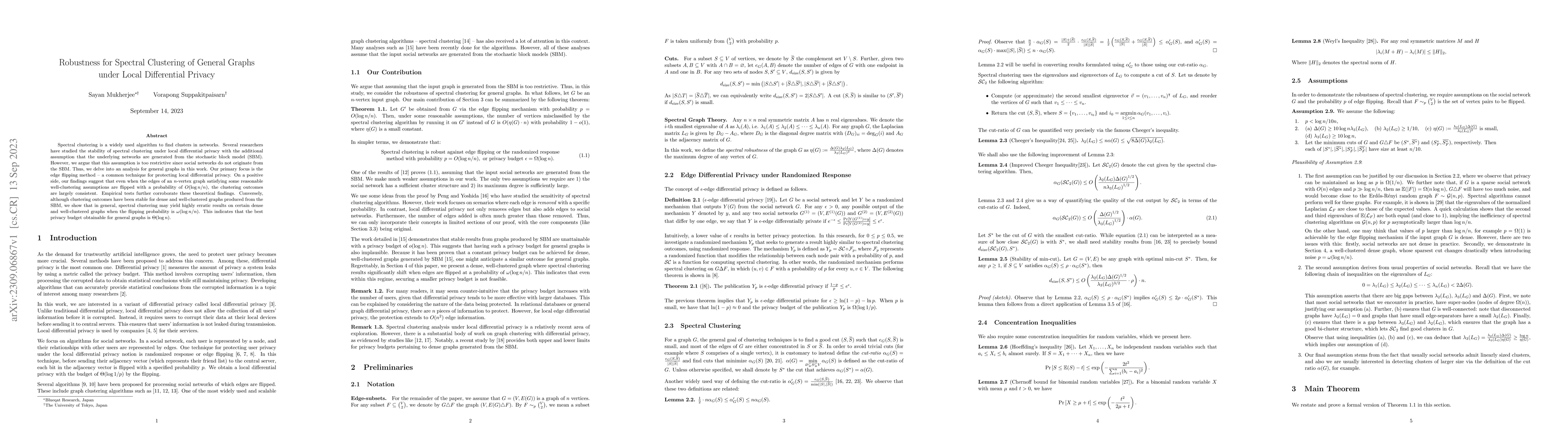 Thumbnail for Robustness for Spectral Clustering of General Graphs under Local
  Differential Privacy