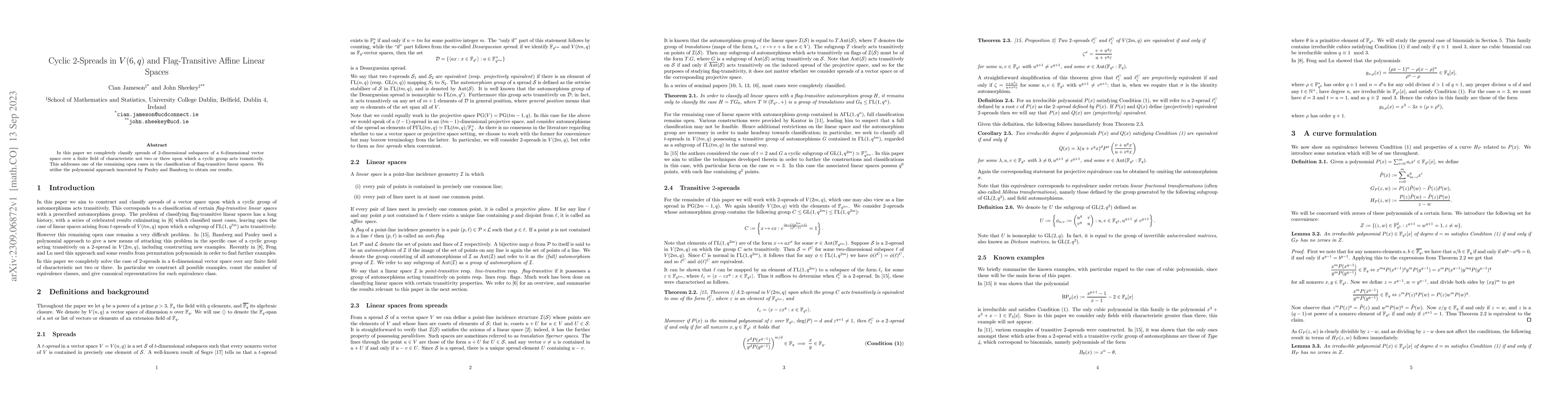 Thumbnail for Cyclic 2-Spreads in $V(6,q)$ and Flag-Transitive Affine Linear Spaces