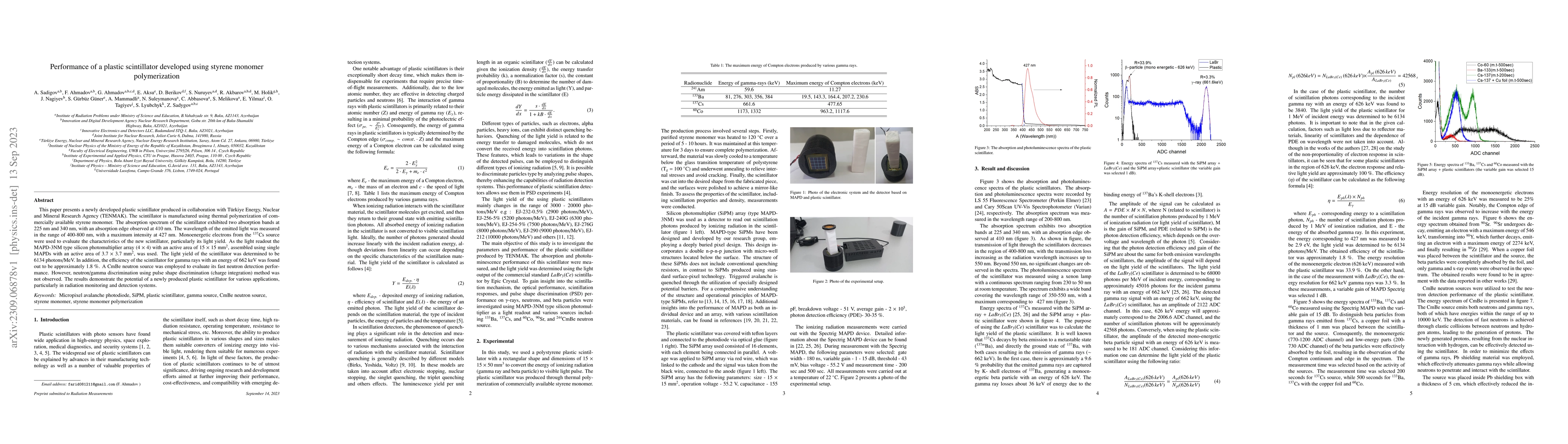 Thumbnail for Performance of a plastic scintillator developed using styrene monomer
  polymerization