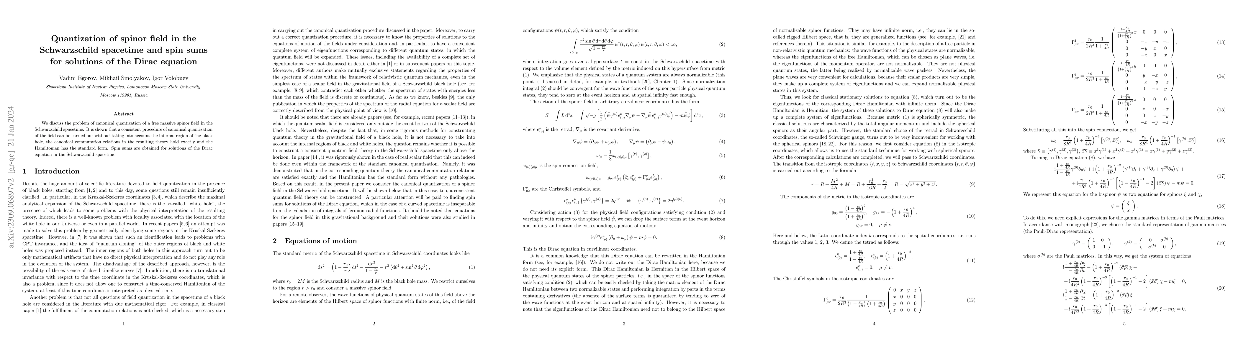 Thumbnail for Quantization of spinor field in the Schwarzschild spacetime and spin
  sums for solutions of the Dirac equation