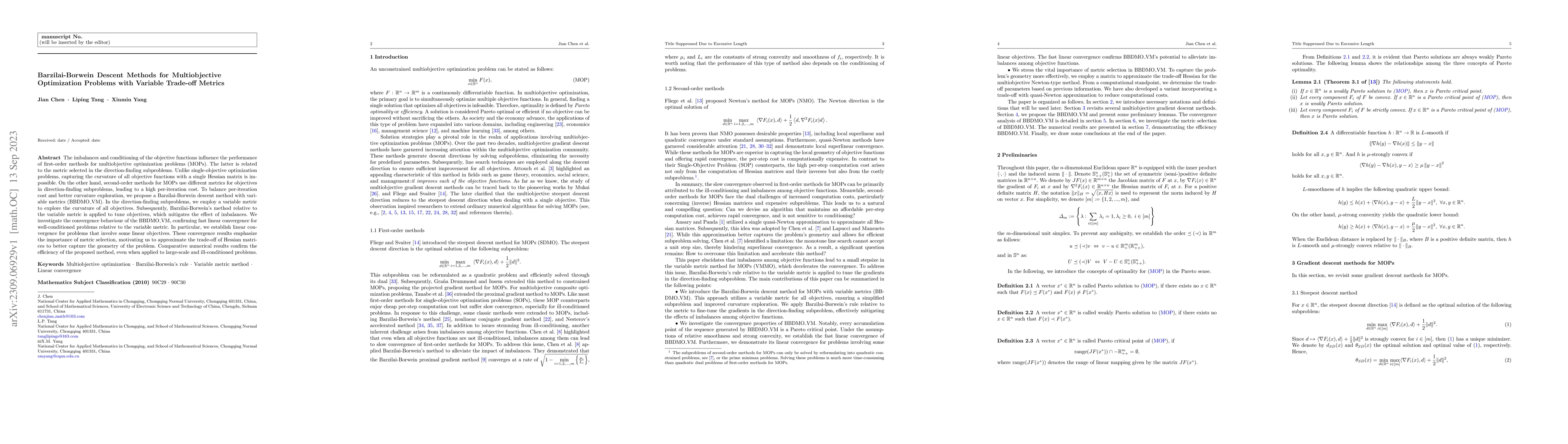 Thumbnail for Barzilai-Borwein Descent Methods for Multiobjective Optimization
  Problems with Variable Trade-off Metrics