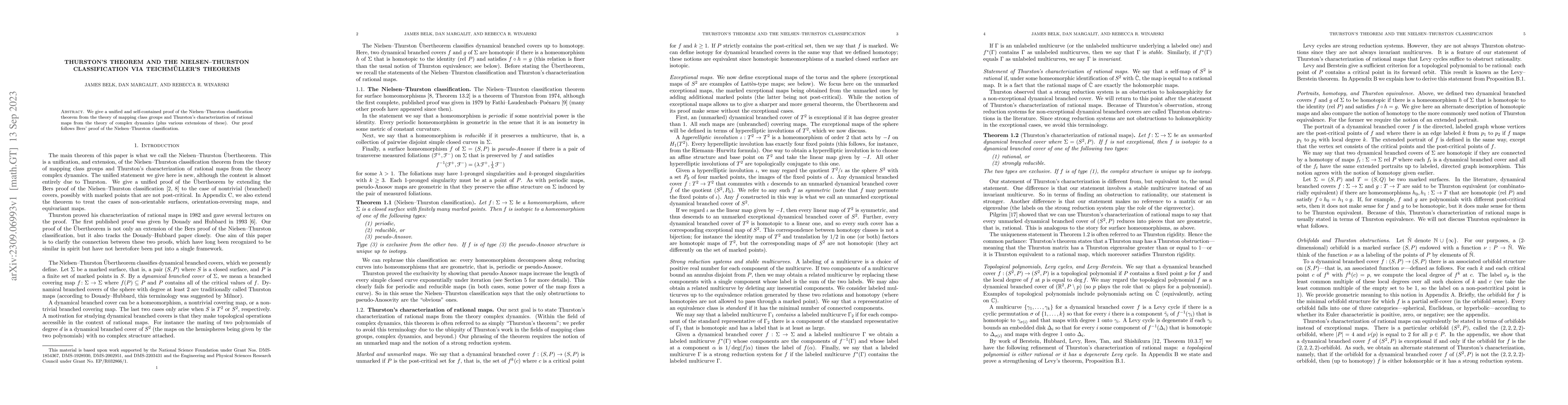 Thumbnail for Thurston's theorem and the Nielsen-Thurston classification via
  Teichm\"uller's theorem