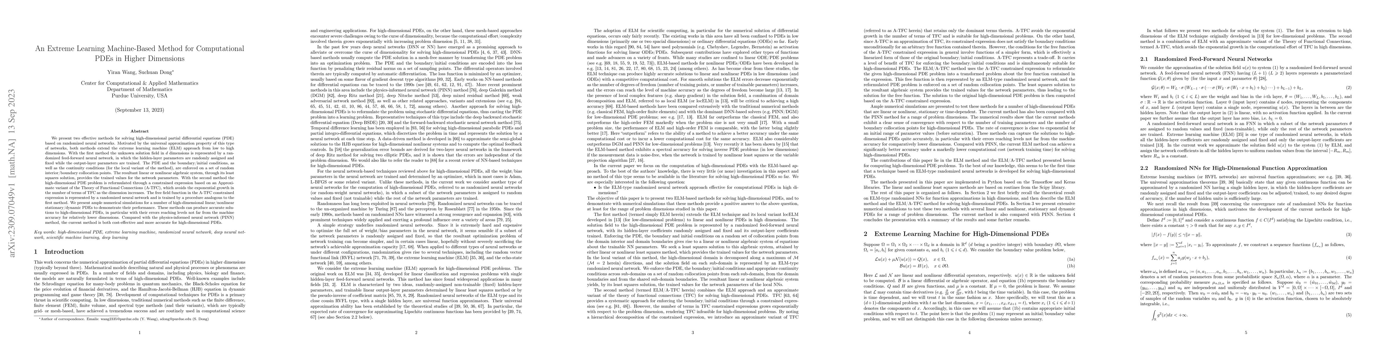 Thumbnail for An Extreme Learning Machine-Based Method for Computational PDEs in
  Higher Dimensions