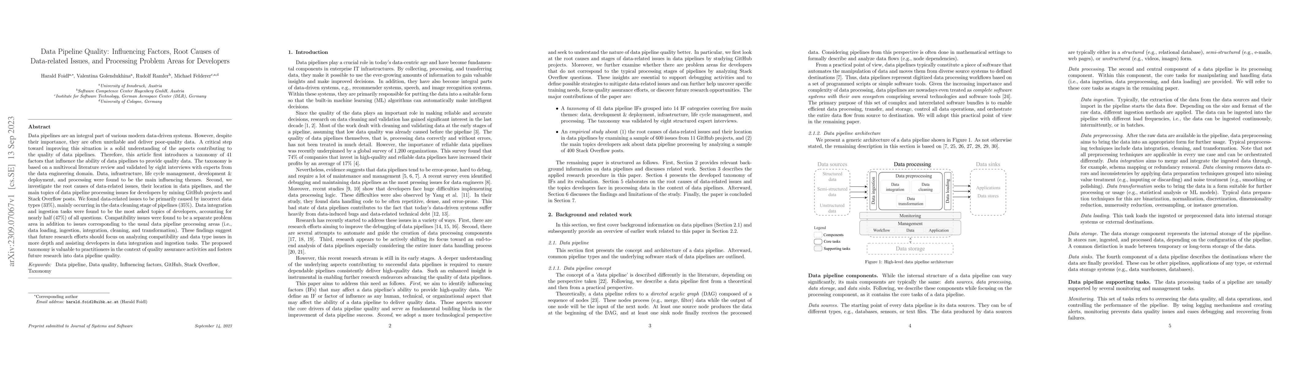 Thumbnail for Data Pipeline Quality: Influencing Factors, Root Causes of Data-related
  Issues, and Processing Problem Areas for Developers