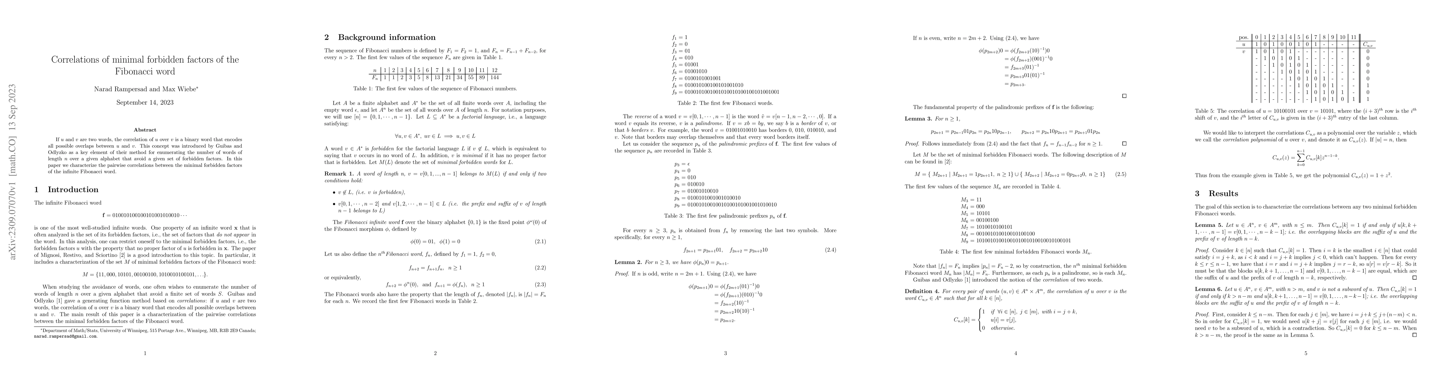 Thumbnail for Correlations of minimal forbidden factors of the Fibonacci word