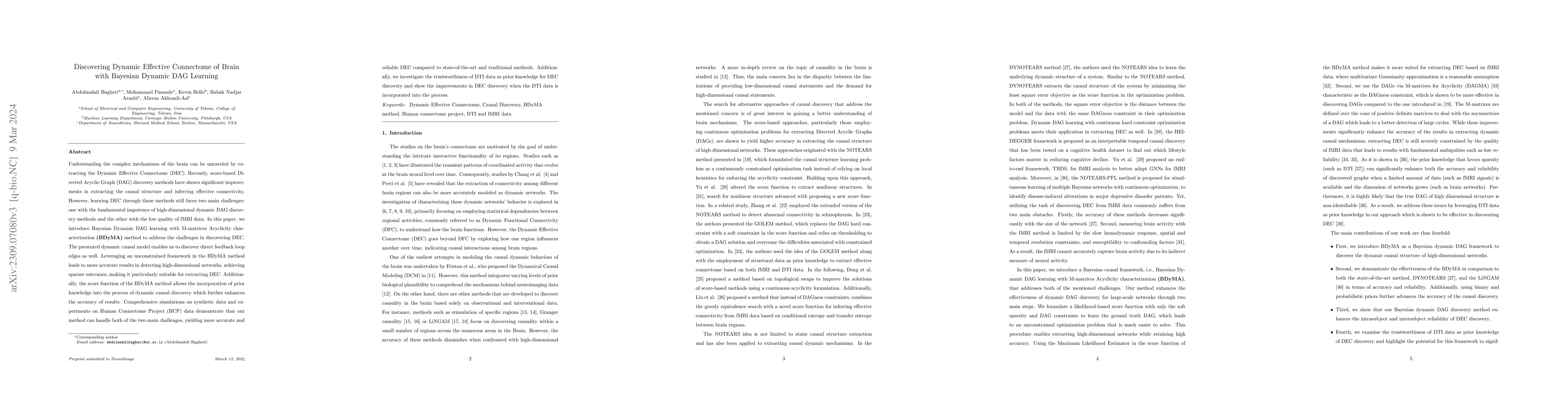 Thumbnail for Discovering Dynamic Effective Connectome of Brain with Bayesian Dynamic
  DAG Learning