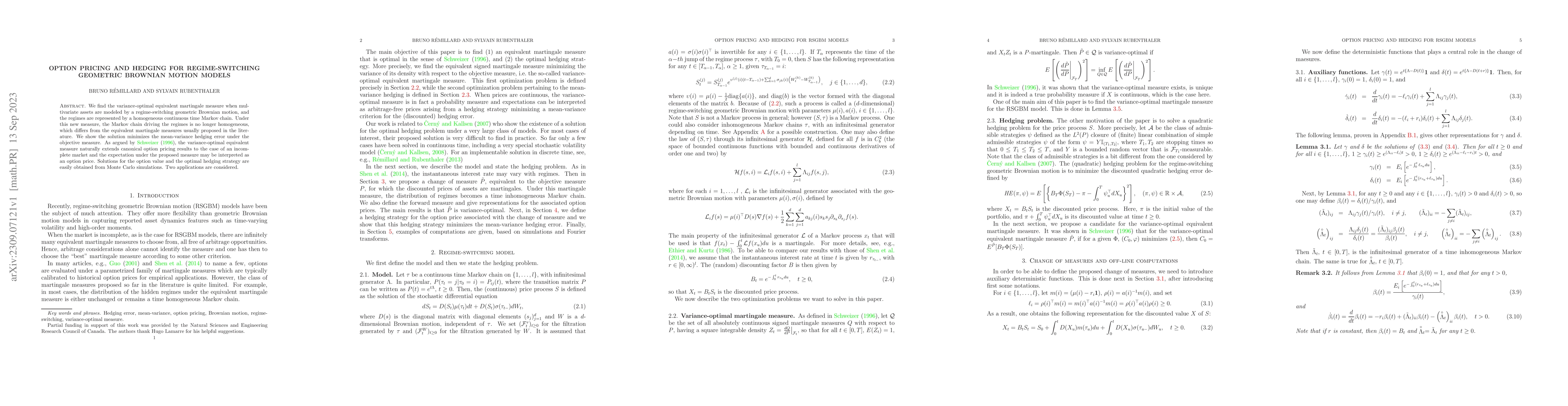 Thumbnail for Option pricing and hedging for regime-switching geometric Brownian
  motion models