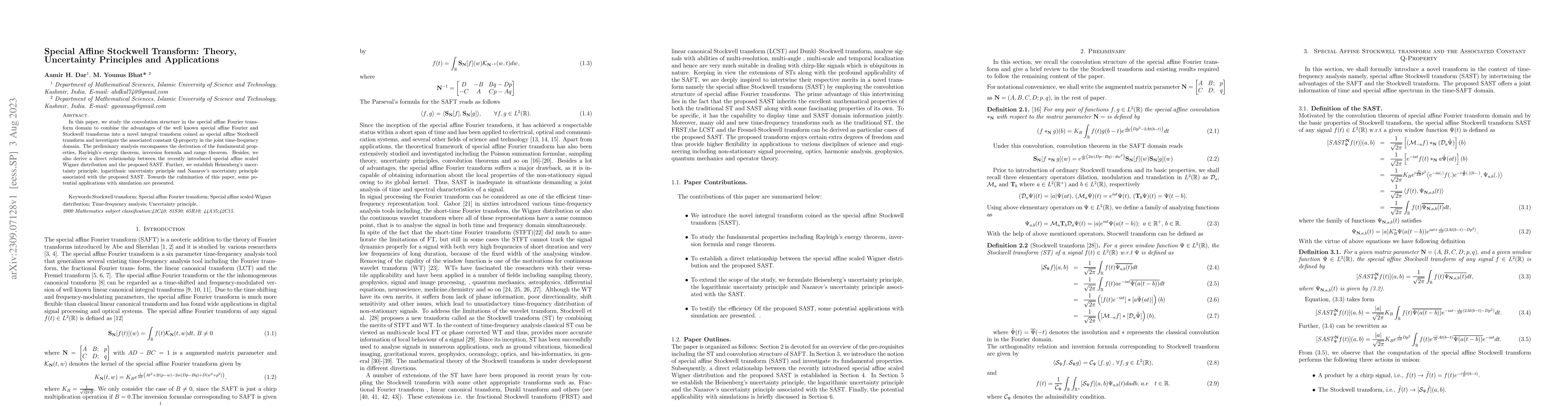 Thumbnail for Special Affine Stockwell Transform Theory, Uncertainty Principles and
  Applications