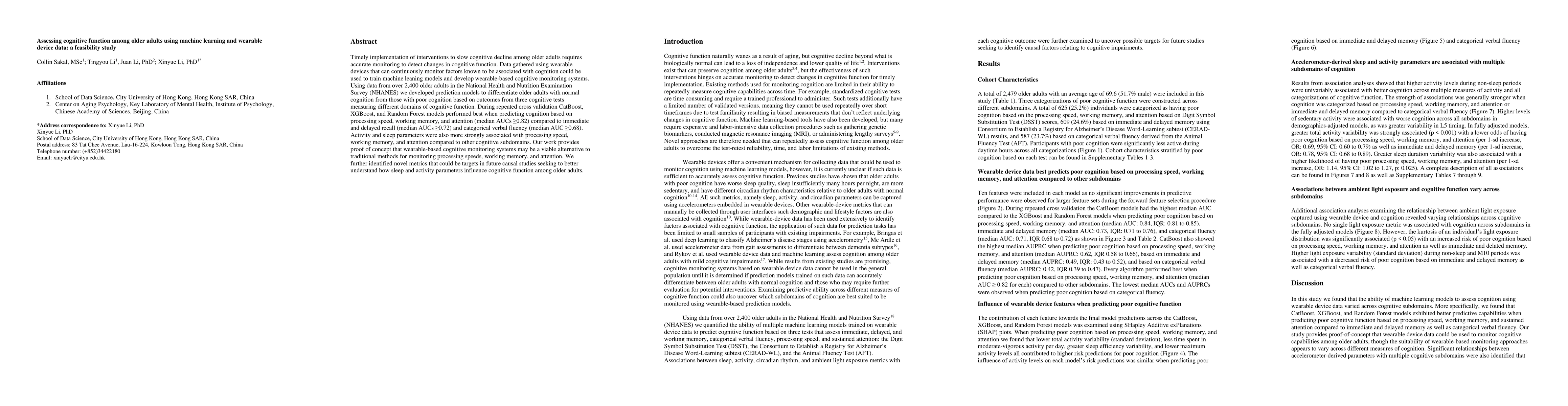 Thumbnail for Assessing cognitive function among older adults using machine learning
  and wearable device data: a feasibility study