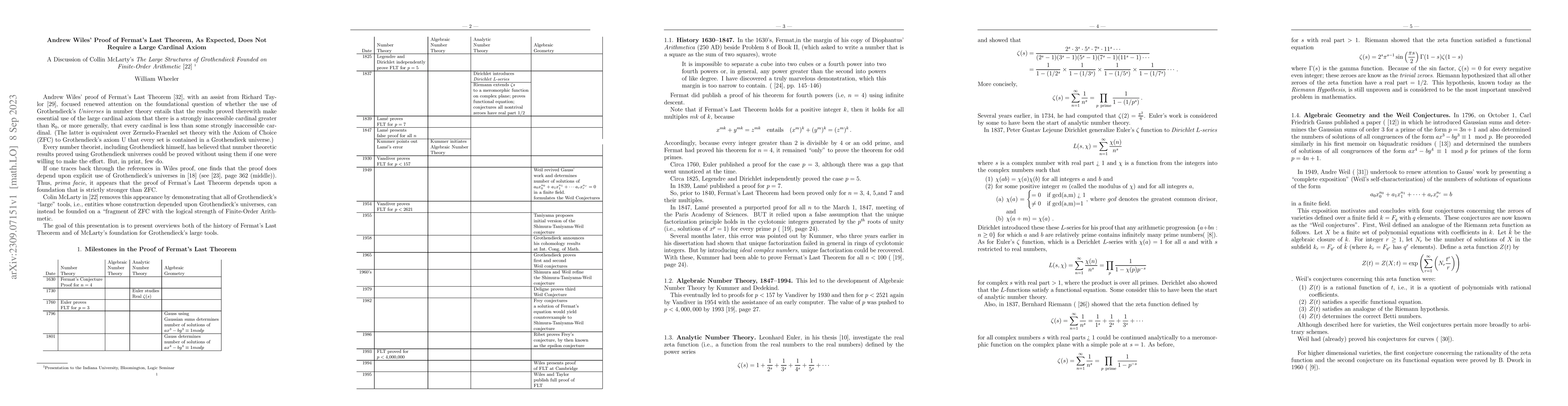 Thumbnail for Andrew Wiles' Proof of Fermat's Last Theorem, As Expected, Does Not
  Require a Large Cardinal Axiom. A Discussion of Colin McLarty's "The Large
  Structures of Grothendieck Founded on Finite-Order Arithmetic"