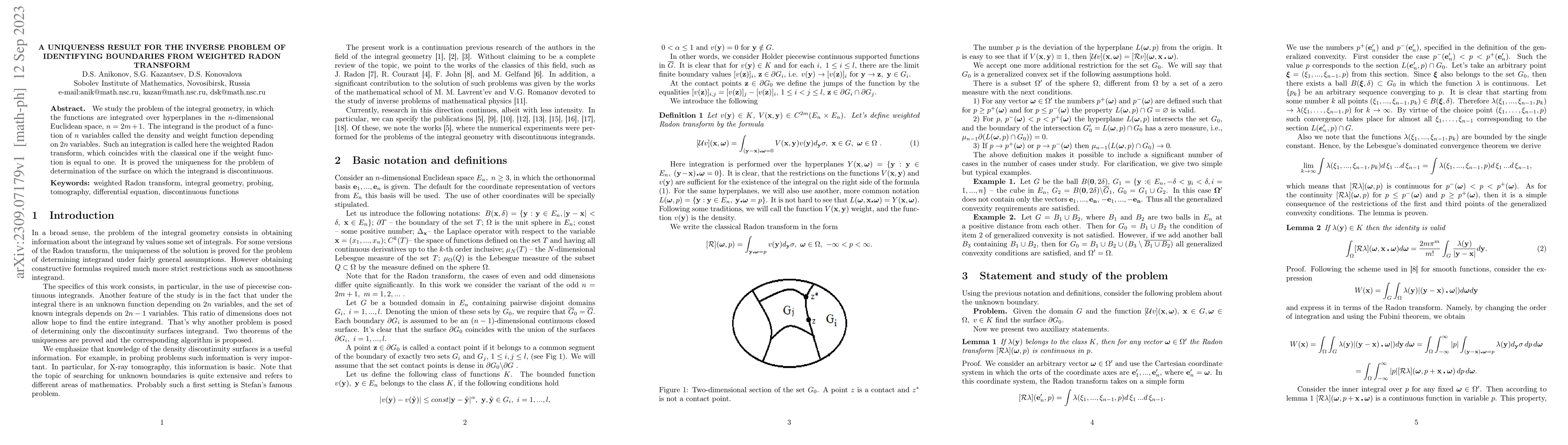 Thumbnail for A uniqueness result for the inverse problem of identifying boundaries
  from weighted Radon transform