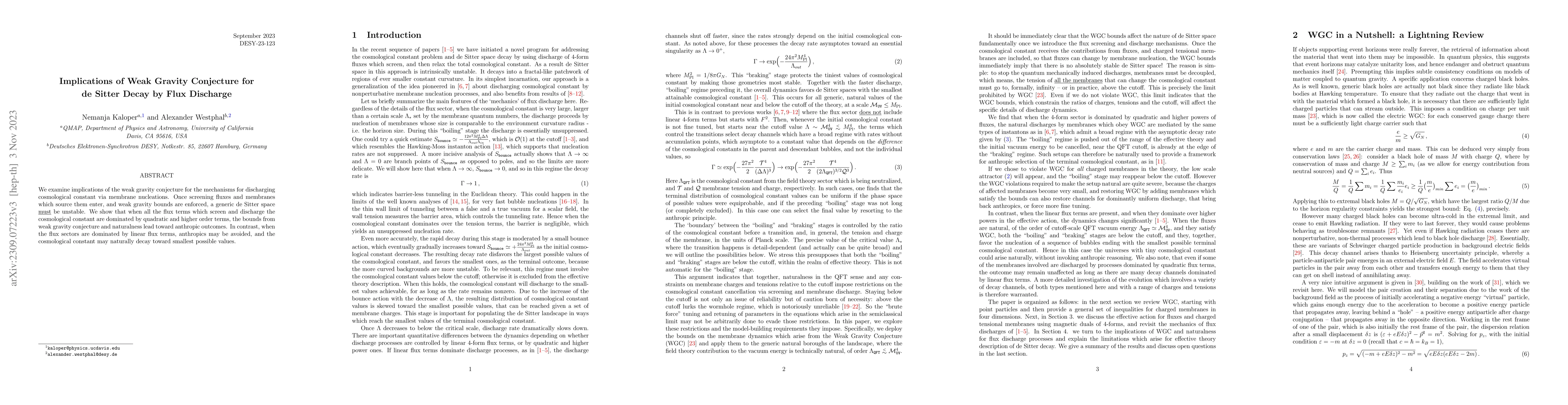 Thumbnail for Implications of Weak Gravity Conjecture for de Sitter Decay by Flux
  Discharge