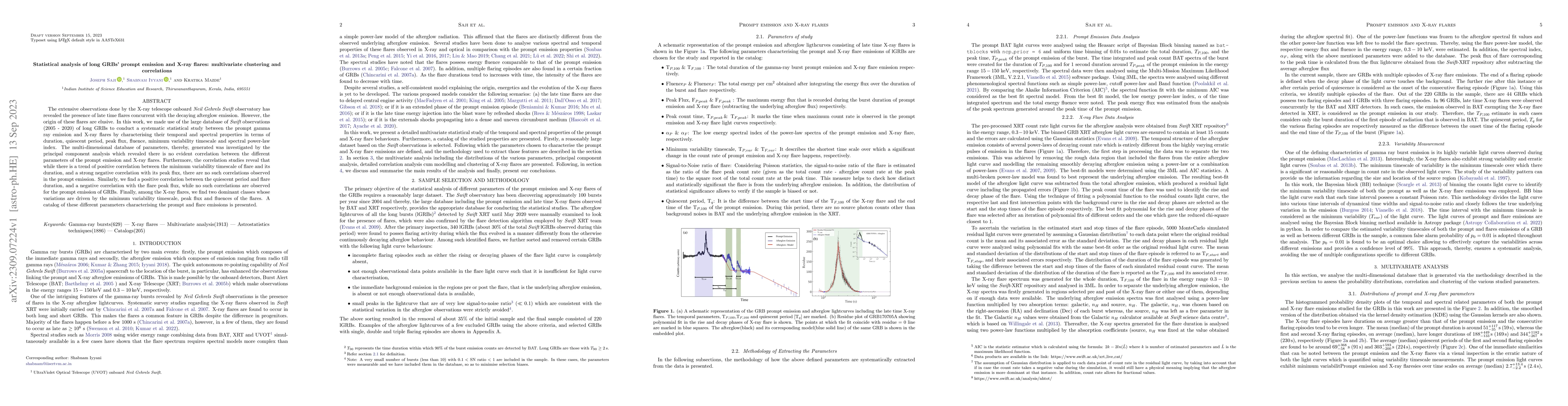 Thumbnail for Statistical analysis of long GRBs' prompt emission and X-ray flares:
  multivariate clustering and correlations