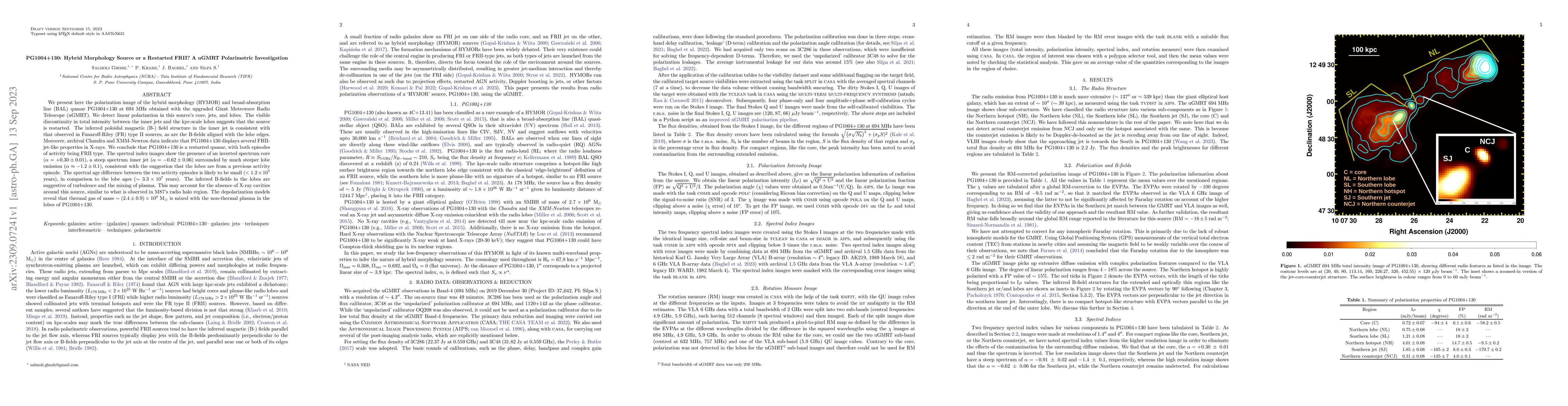 Thumbnail for PG1004+130: Hybrid Morphology Source or a Restarted FRII? A uGMRT
  Polarimetric Investigation