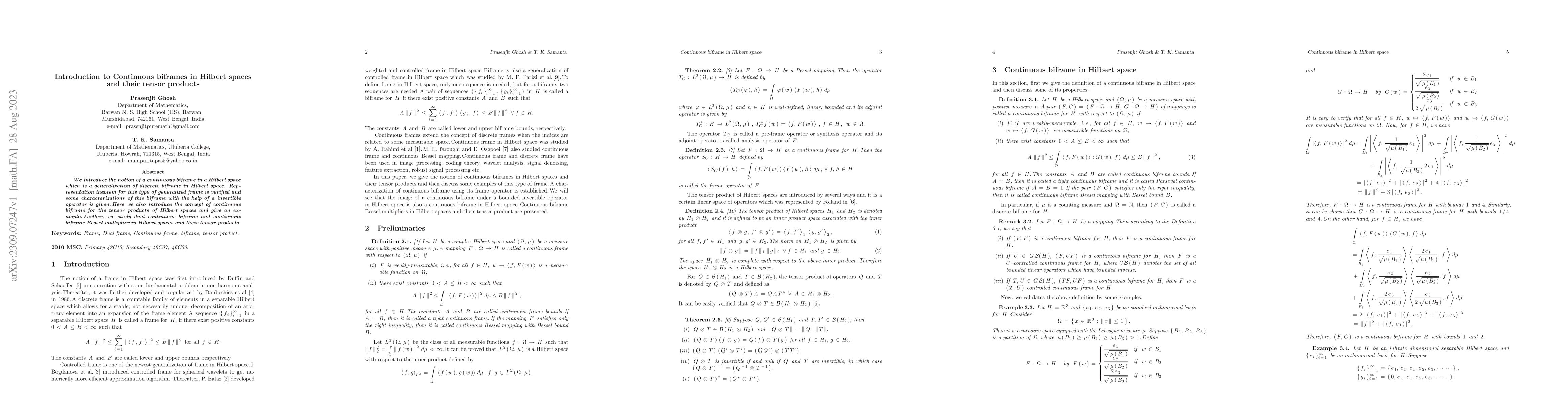 Thumbnail for Introduction to Continuous biframes in Hilbert spaces and their tensor
  products