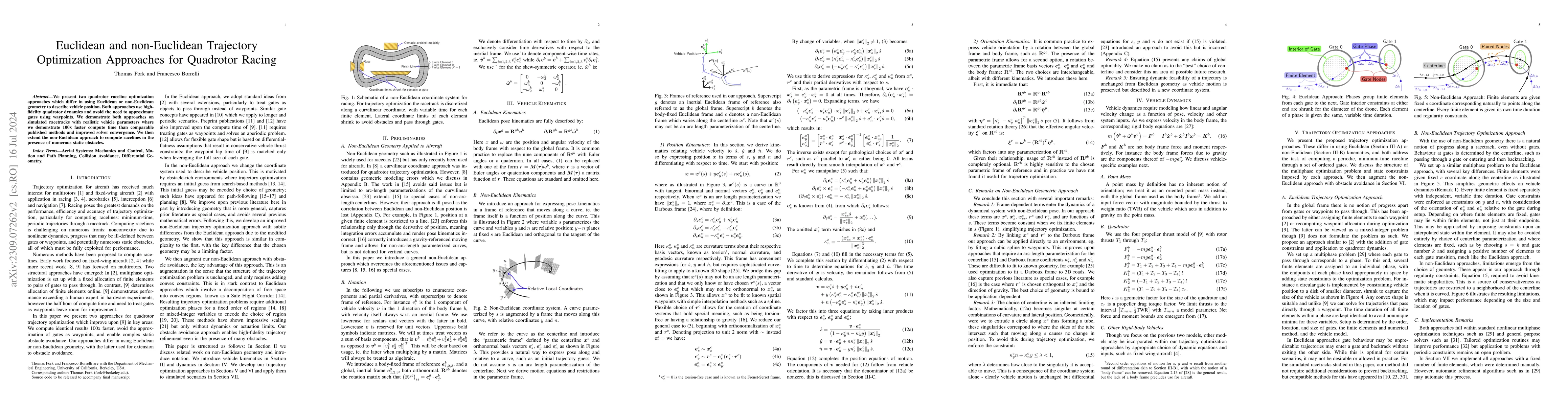 Thumbnail for Euclidean and non-Euclidean Trajectory Optimization Approaches for
  Quadrotor Racing