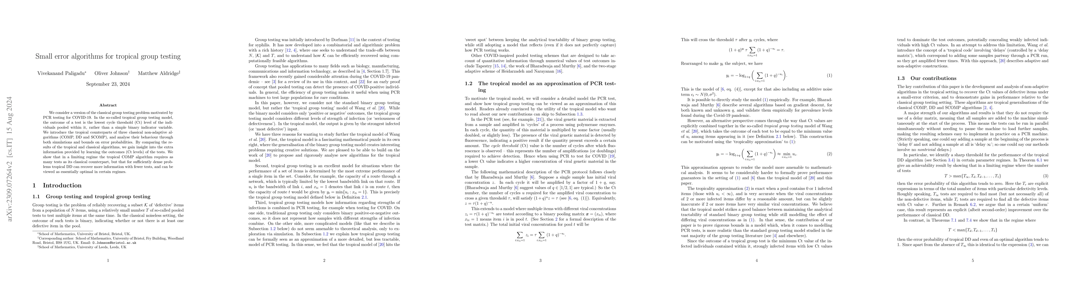 Thumbnail for Small error algorithms for tropical group testing