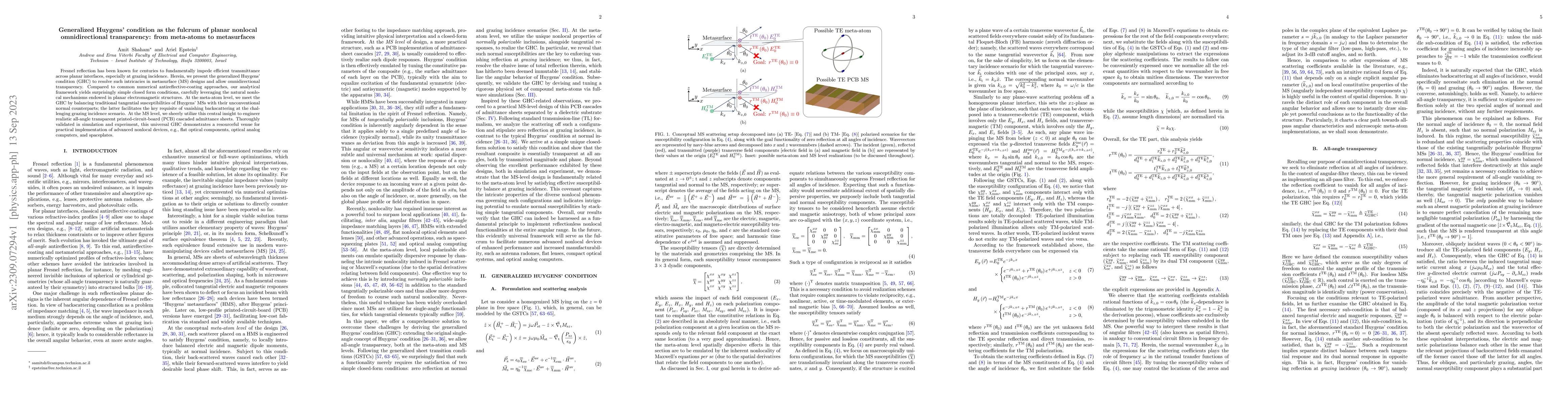 Thumbnail for Generalized Huygens' condition as the fulcrum of planar nonlocal
  omnidirectional transparency: from meta-atoms to metasurfaces