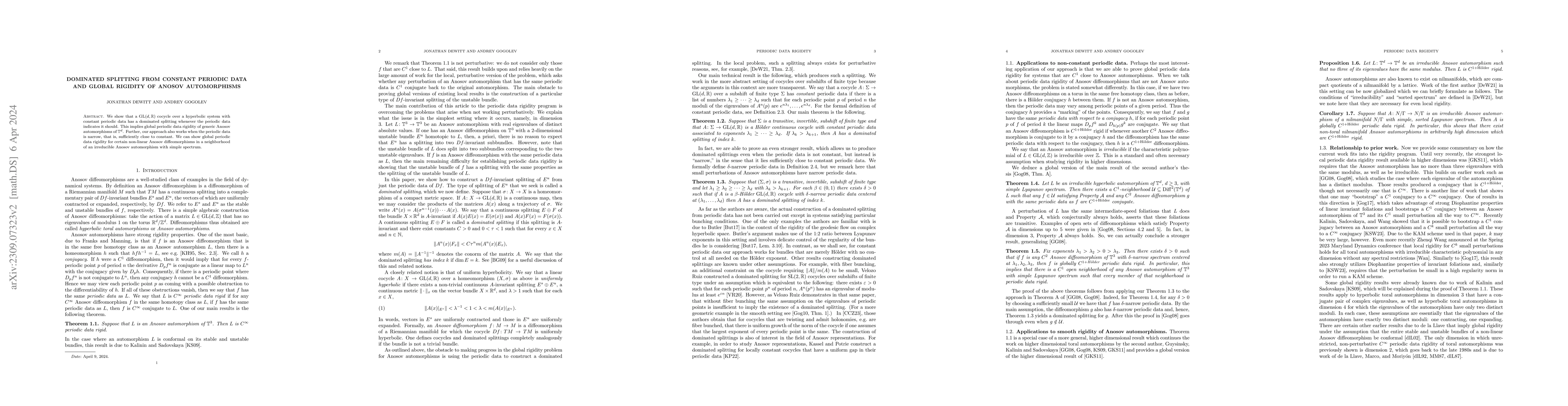 Thumbnail for Dominated splitting from constant periodic data and global rigidity of
  Anosov automorphisms