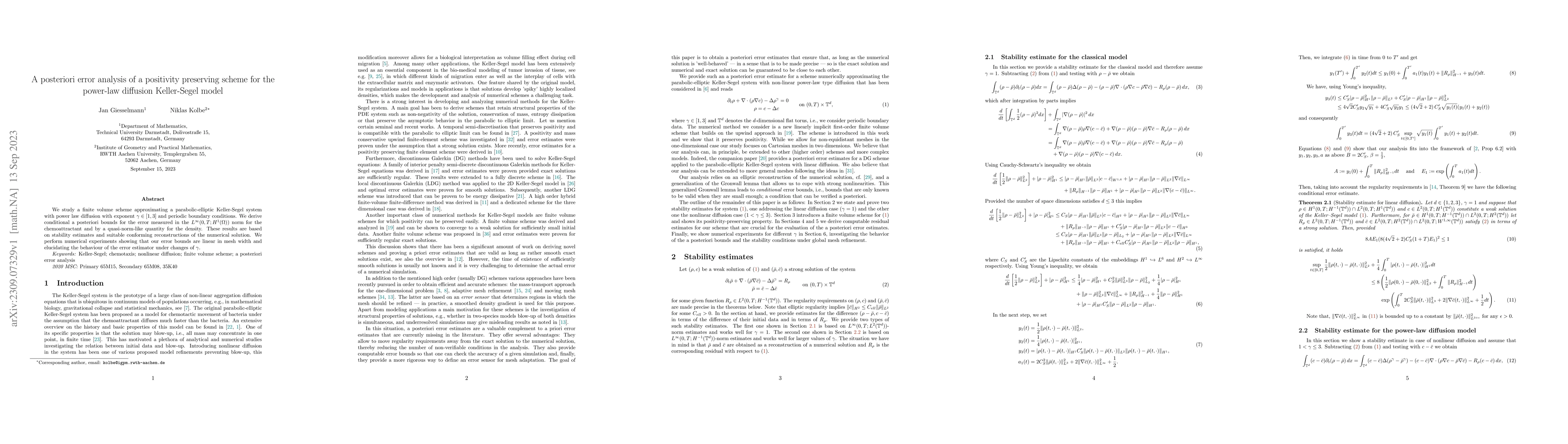 Thumbnail for A posteriori error analysis of a positivity preserving scheme for the
  power-law diffusion Keller-Segel model
