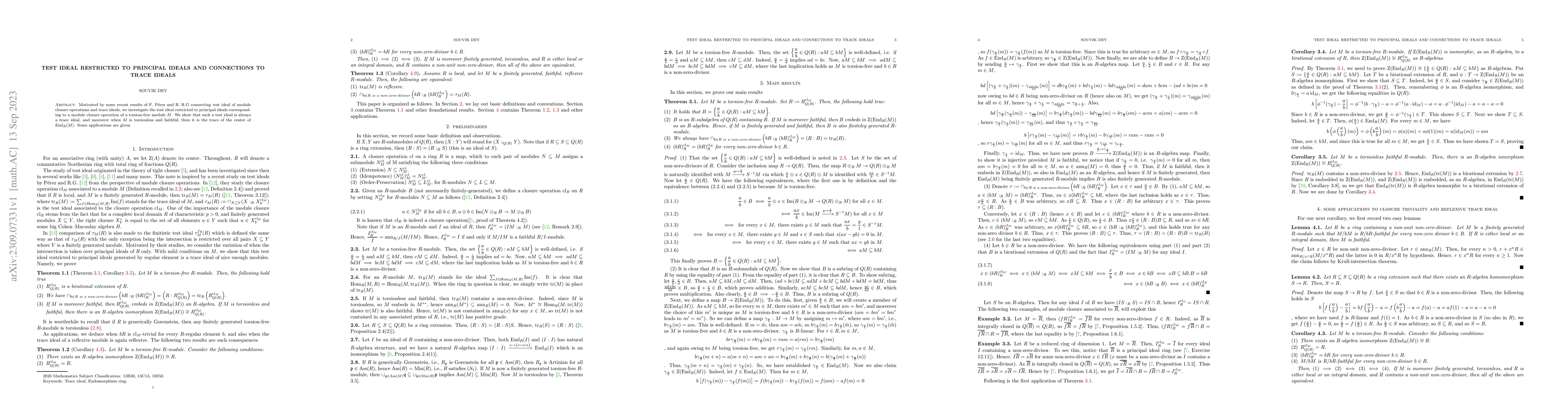 Thumbnail for Test ideal restricted to principal ideals and connections to trace
  ideals