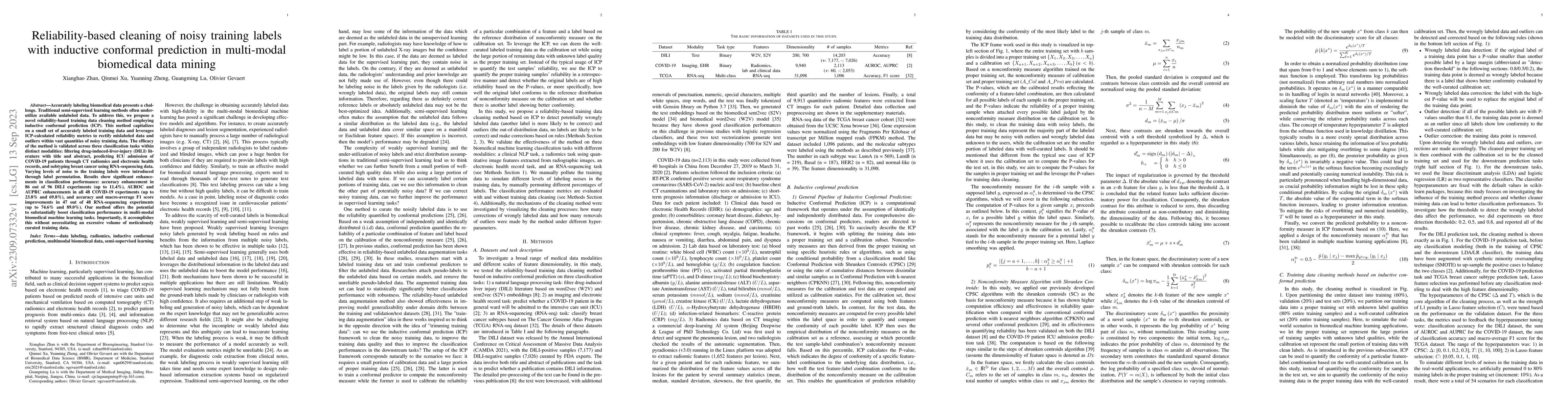 Thumbnail for Reliability-based cleaning of noisy training labels with inductive
  conformal prediction in multi-modal biomedical data mining