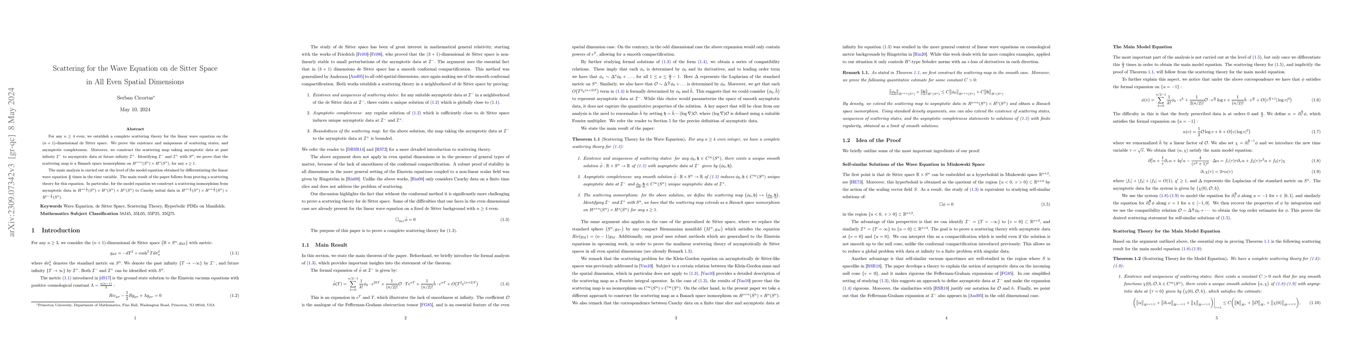 Thumbnail for Scattering for the Wave Equation on de Sitter Space in All Even Spatial
  Dimensions